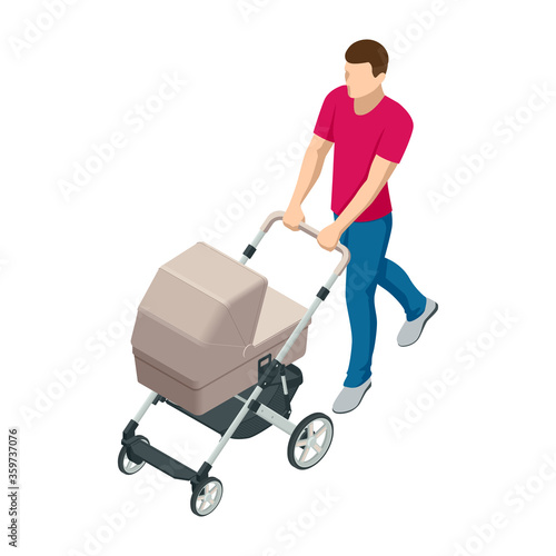 Isometric baby carriage isolated on a white background. Kids transport. Strollers for baby boys or baby girls. Man with baby stroller walks. Theme of motherhood and fatherhood