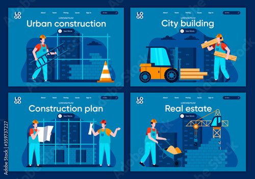 City building flat landing pages set. Professional engineering and building, people working on construction site scenes for website or CMS web page. Real estate, urban construction vector illustration