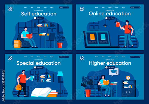 Online education flat landing pages set. Distance learning program in university, students study scenes for website or CMS web page. Self education, special and higher graduation vector illustration.