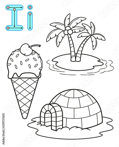 Printable coloring page for kindergarten and preschool. Card for study English. Vector coloring book alphabet. Letter I. Island, iglo, ice cream photo