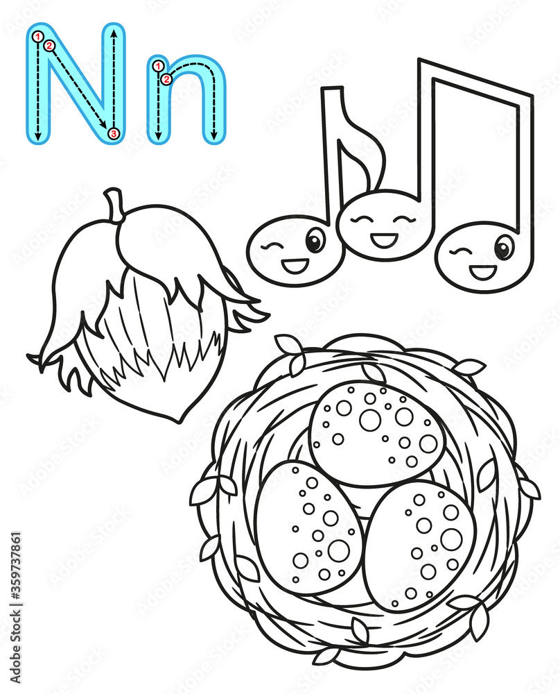 printable coloring page for kindergarten and preschool card for study english vector coloring book alphabet letter n nuts notes nest stock vector adobe stock