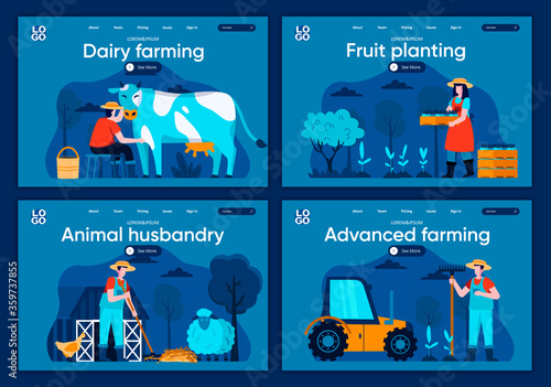 Advanced farming flat landing pages set. Agricultural workers milking cow and plant seedlings scenes for website or CMS web page. Dairy farming, fruit planting, animal husbandry vector illustration