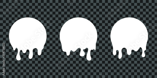Paint drip stickers, circle white melt drop vector icons. Vector milk circle melt drops, graffiti paint drip blobs