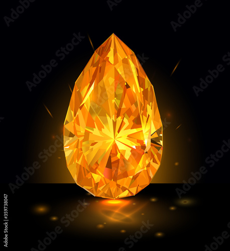 Beautiful bright orange diamond in the shape of a drop isolated on black background. Vector illustration.	