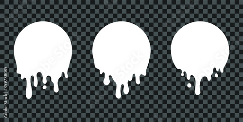 Paint drip stickers, circle white melt drop vector icons. Vector milk circle melt drops, graffiti paint drip blobs