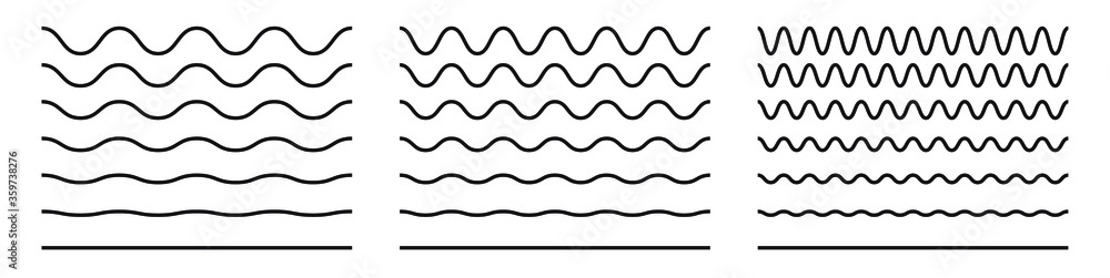 Wave line and wavy zigzag pattern lines. Vector black underlines, smooth end squiggly horizontal curvy squiggles