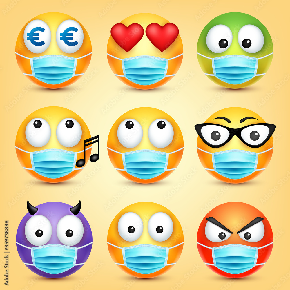 Emoticons, emoji vector collection. Cartoon yellow face with medical mask. Facial expressions and emotions.