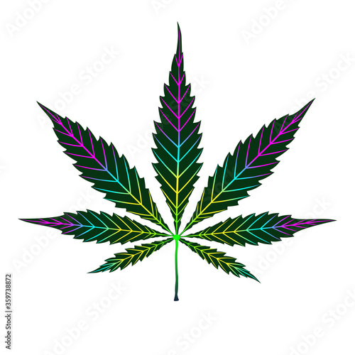 Cannabis colorful leaf isolated on white. Shape or silhouette herbal nature symbol. Vector cartoon hand drawing bright rainbow multicolor logo marijuana grass or ganja plant. 