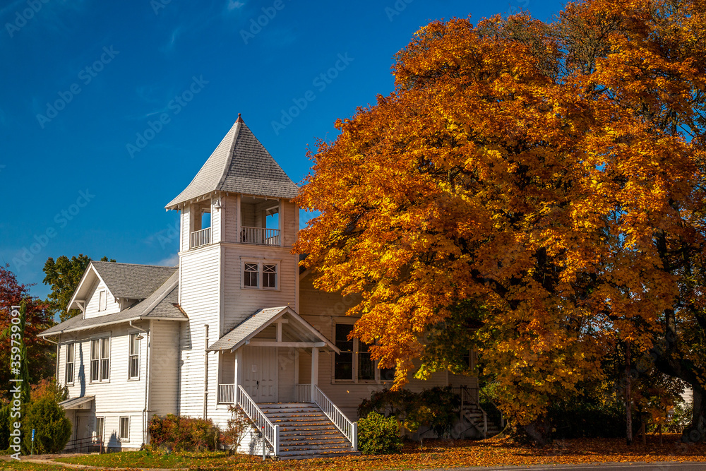 The Historic Methodist Church in the autumn season in the small town of Shedd, Oregon The Historic Methodist Church in the autumn season in the small town of Shedd, Oregon