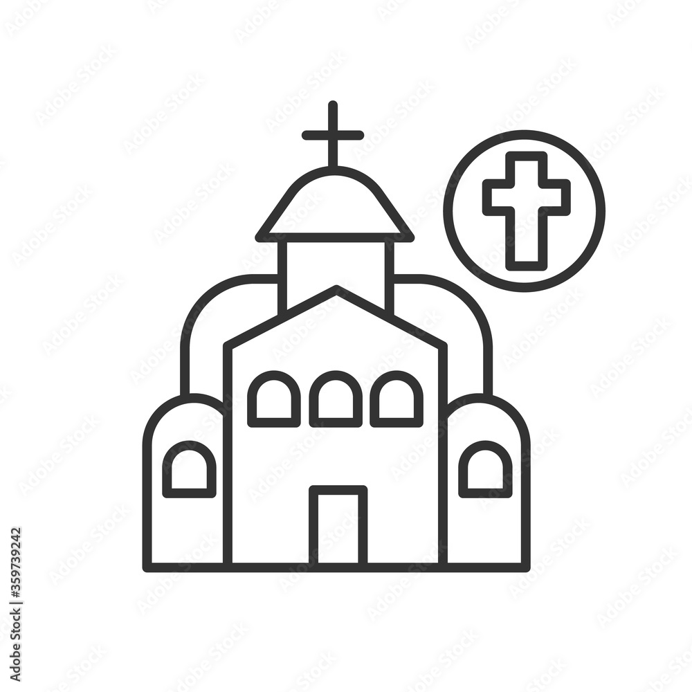 Christian church icon. linear pictogram of temple with catholic cross. Concept graphical element landmark building and touristic spot. Editable stroke vector illustration for maps and navigation Christian church icon. linear pictogram of temple with catholic cross. Concept graphical element landmark building and touristic spot. Editable stroke vector illustration for maps and navigation