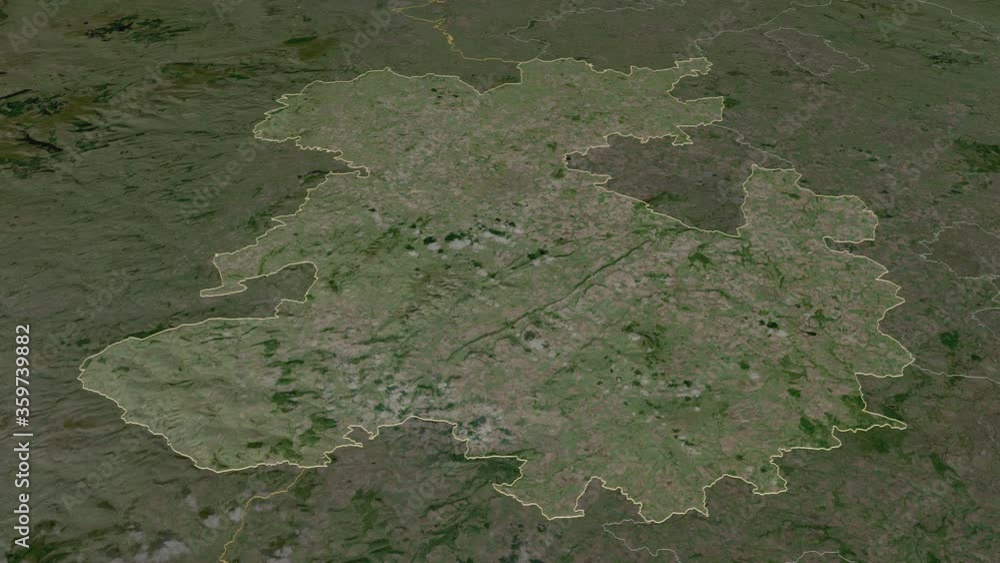 Shropshire, administrative county with its capital, zoomed and extruded on the satellite map of England in the conformal Stereographic projection. Animation 3D Shropshire, administrative county with its capital, zoomed and extruded on the satellite map of England in the conformal Stereographic projection. Animation 3D