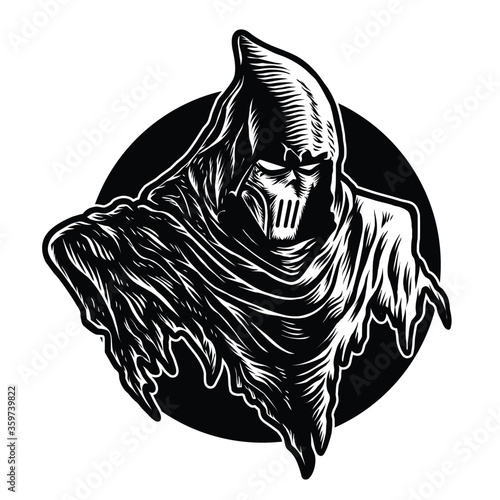 Vector illustration of Dark Grim Reaper with Mask, Dark Hood on the Black White background. For mascot logo design in modern illustration. Separate layer and editable. Print on t-shirt, emblem, patch