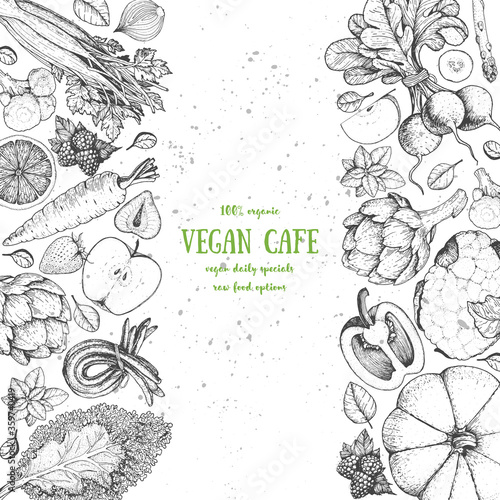 Healthy food vector illustration. Farm market products hand drawn. Organic food set. Engraved style elements for design.