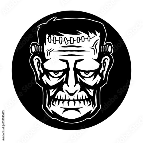 Vector illustration of Creepy Halloween Frankenstein Monster on the Black-White Background. Hand-drawn illustration for mascot sport logo badge label poster emblem patch t-shirt printing. Vector Logo