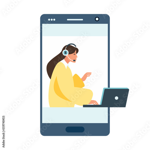 customer service concept, hotline operator advises customer, online global technical support 24/7, customer and operator. Vector illustration