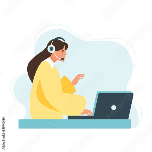 customer service concept, hotline operator advises customer, online global technical support 24/7, customer and operator. Vector illustration