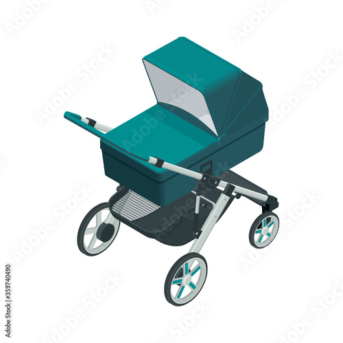 Isometric baby carriage isolated on a white background. Kids transport. Strollers for baby boys or baby girls.