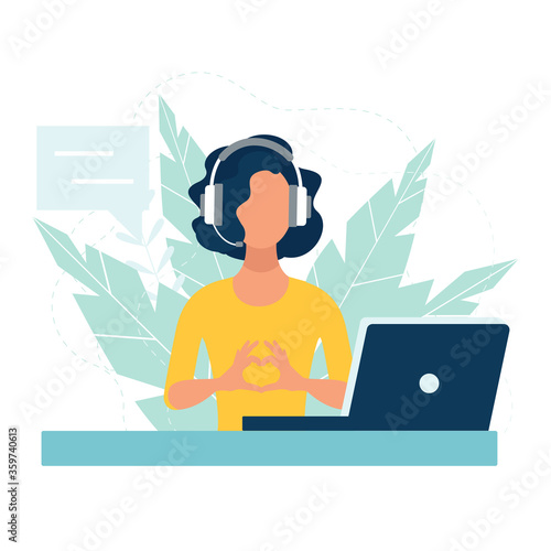 customer service concept, hotline operator advises customer, online global technical support 24/7, customer and operator. Vector illustration