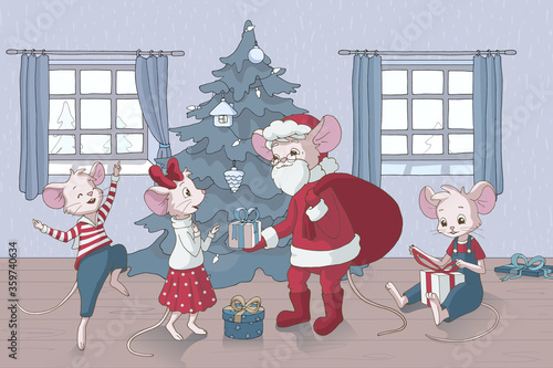 Cute cartoon mouses. Santa claus giving presents for happy kids. Festive life scene in a living room decorated for Christmas. Template for greeting card.