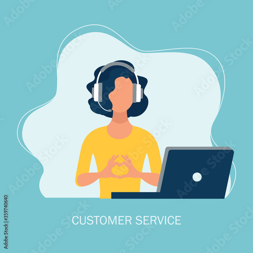 customer service concept, hotline operator advises customer, online global technical support 24/7, customer and operator. Vector illustration