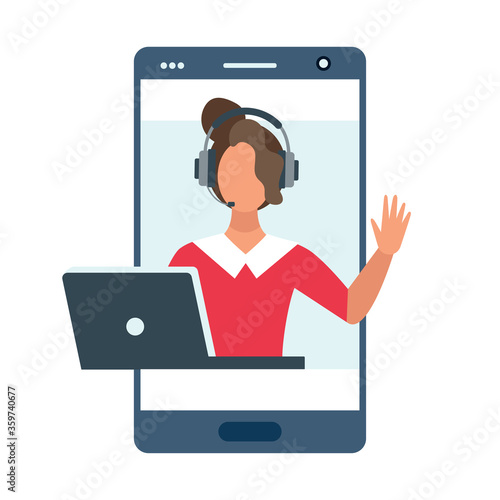 customer service concept, hotline operator advises customer, online global technical support 24/7, customer and operator. Vector illustration
