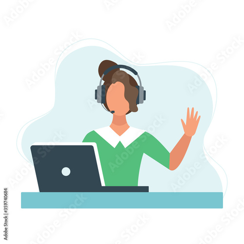 customer service concept, hotline operator advises customer, online global technical support 24/7, customer and operator. Vector illustration