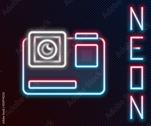 Glowing neon line Action extreme camera icon isolated on black background. Video camera equipment for filming extreme sports. Colorful outline concept. Vector Illustration