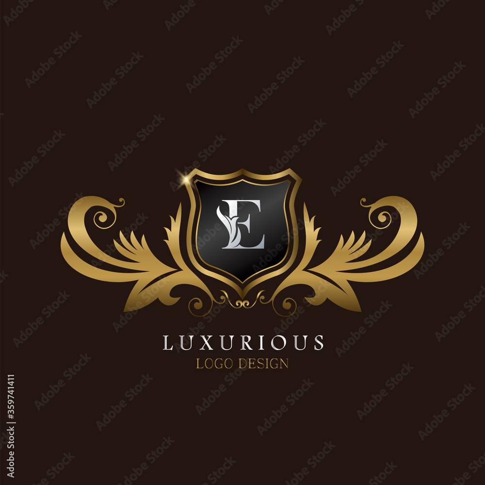 Golden E Logo Luxurious Shield, creative vector design concept for luxury brand identity. Golden E Logo Luxurious Shield, creative vector design concept for luxury brand identity.
