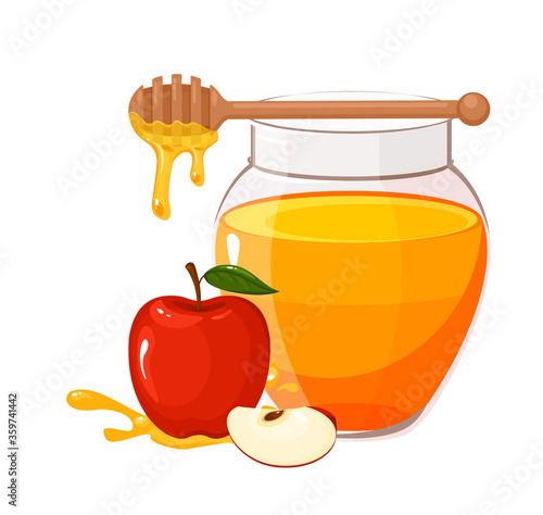 Vector cartoon illustration of honey in glass jar, wooden dipper and apple. Honey dripping from wooden dipper. Traditional celebration food for Rosh Hashanah, Jewish New Year.