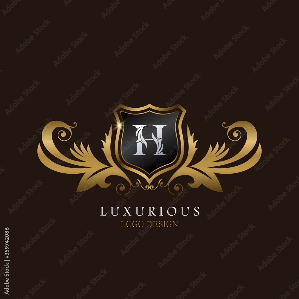 Golden H Logo Luxurious Shield, creative vector design concept for luxury brand identity. Golden H Logo Luxurious Shield, creative vector design concept for luxury brand identity.