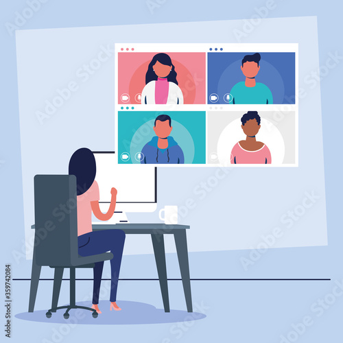 woman using desktop in virtual conference communication