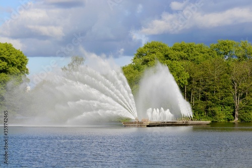 Fountain "Sails" on Komsomolskoye Lake in Minsk. Floating fountain.