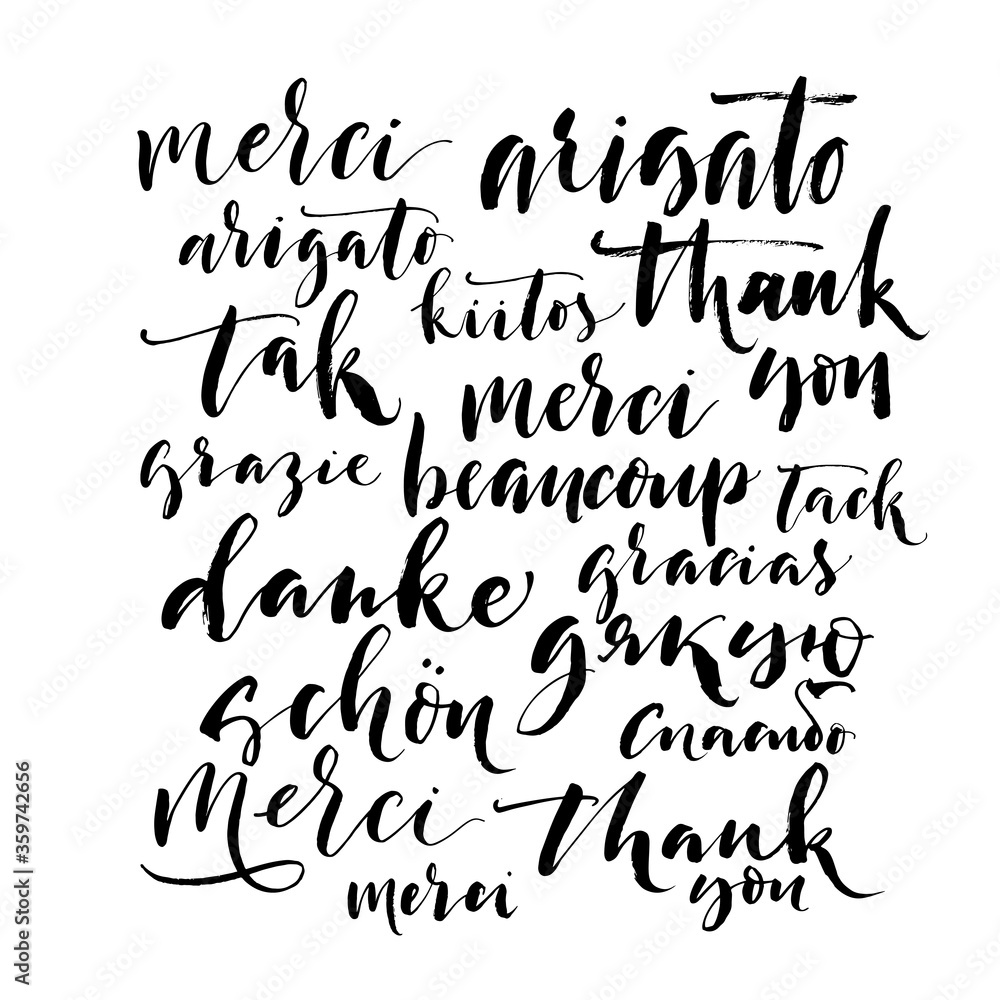 Collection of hand drawn thank you words in different languages. Modern vector brush calligraphy. Ink illustration with hand-drawn lettering. 