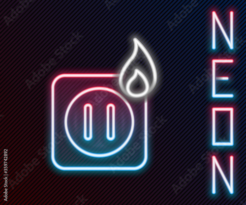 Glowing neon line Electric wiring of socket in fire icon isolated on black background. Electrical safety concept. Plug outlet on fire. Colorful outline concept. Vector Illustration