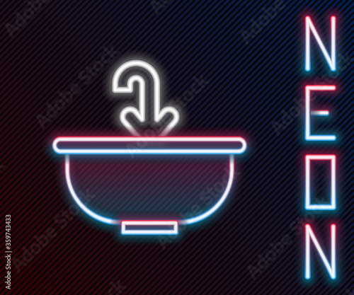 Glowing neon line Washbasin with water tap icon isolated on black background. Colorful outline concept. Vector Illustration