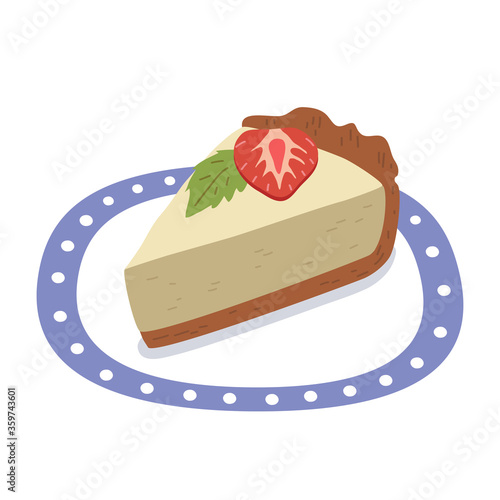 Vector cheesecake with strawberry on a plate with a blue edge.