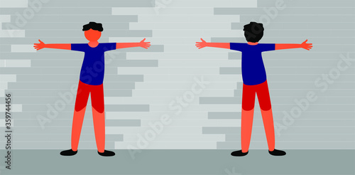 Man seen from front and back with brick wall background
