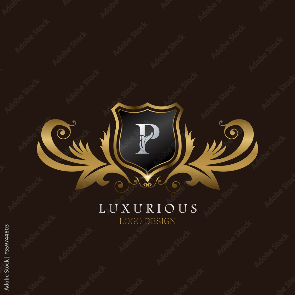 Golden P Logo Luxurious Shield, creative vector design concept for luxury brand identity.