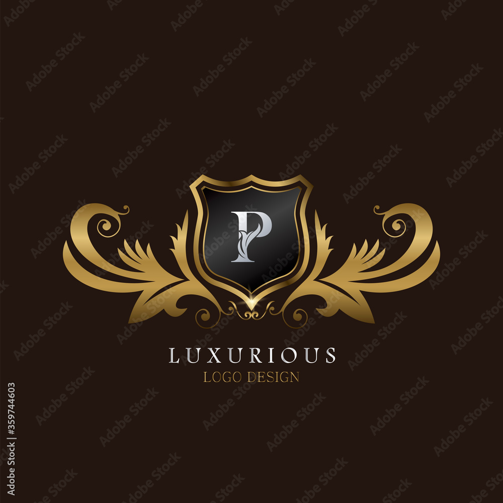 Golden P Logo Luxurious Shield, creative vector design concept for luxury brand identity. Golden P Logo Luxurious Shield, creative vector design concept for luxury brand identity.