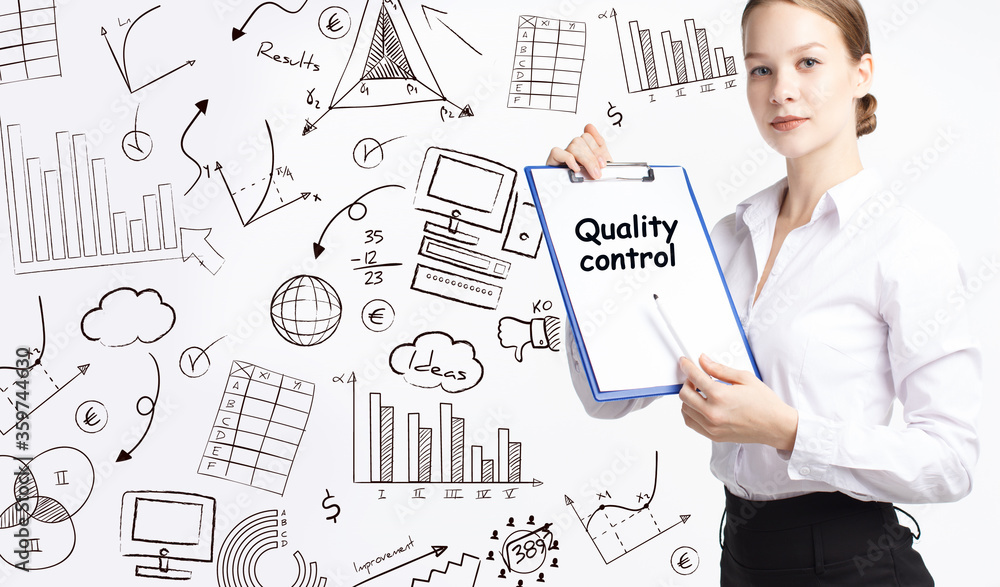 Business, technology, internet and network concept. Young businessman thinks over the steps for successful growth: Quality control