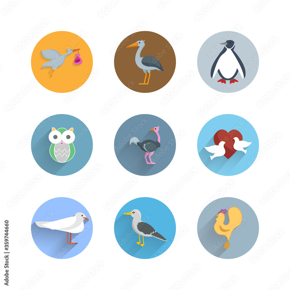 bird flat icon set with penguin, owl, ostrich, stork, cock and pigeons bird flat icon set with penguin, owl, ostrich, stork, cock and pigeons