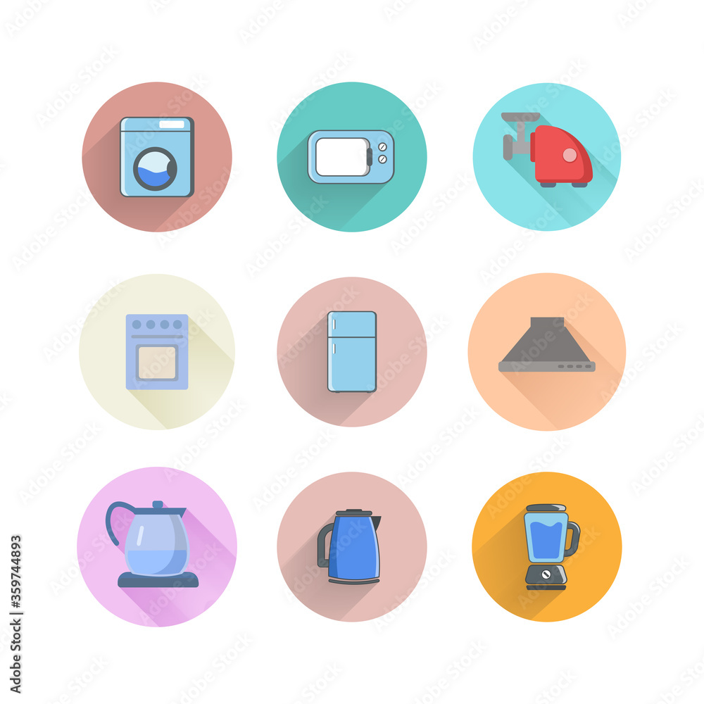 Kitchen electrical equipment set with tea kettle, blender, fridge, gas stove, microwave, Kitchen electrical equipment set with tea kettle, blender, fridge, gas stove, microwave,