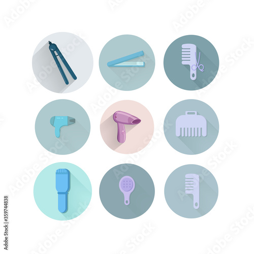 hair care flat icon set with hairdryer, hair comb, straightening forceps, Blow dry