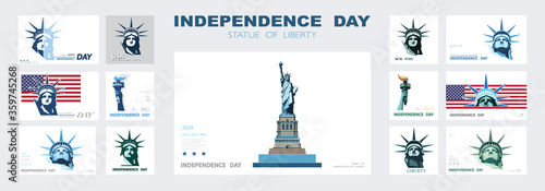 Independence day portrait Statue of Liberty, poster presentation. Set of green flat design templates. USA flag Holiday. The national symbol of America New York, banner.Name of advertising text, vector