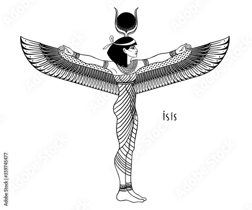 Isis, goddess of life and magic in Egyptian mythology. One of the greatest goddesses of Ancient Egypt, protects women, children, heals sick. Vector illustration over aged background. Winged woman.