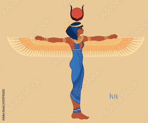 Isis, goddess of life and magic in Egyptian mythology. One of the greatest goddesses of Ancient Egypt, protects women, children, heals sick. Vector illustration over aged background. Winged woman.