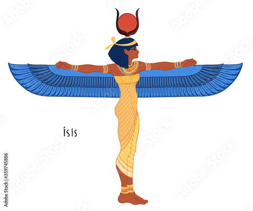 Isis, goddess of life and magic in Egyptian mythology. One of the greatest goddesses of Ancient Egypt, protects women, children, heals sick. Vector illustration over aged background. Winged woman.