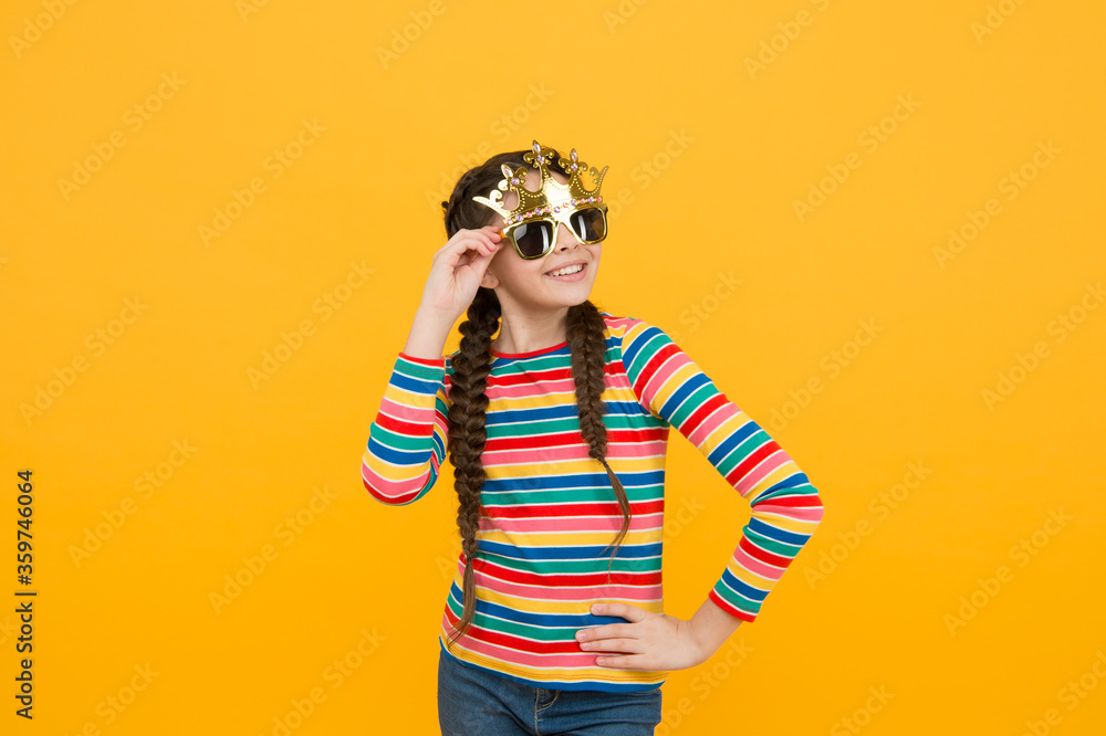 Royal holiday. Queen of party. Carnival party. Summer fun. Girl sunglasses. Queen style. Event entertainment. Birthday celebration. Party celebration. Celebrate as real queen. Kid wear golden crown Royal holiday. Queen of party. Carnival party. Summer fun. Girl sunglasses. Queen style. Event entertainment. Birthday celebration. Party celebration. Celebrate as real queen. Kid wear golden crown