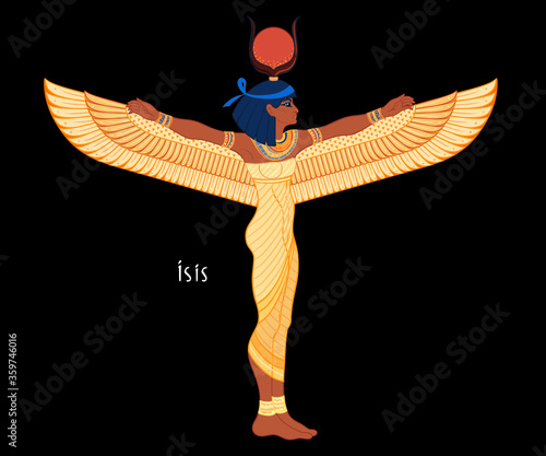 Isis, goddess of life and magic in Egyptian mythology. One of the greatest goddesses of Ancient Egypt, protects women, children, heals sick. Vector illustration over aged background. Winged woman.