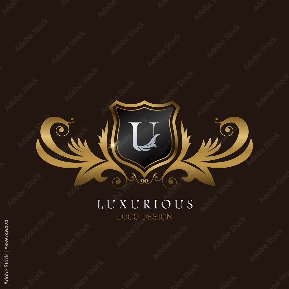 Golden U Logo Luxurious Shield, creative vector design concept for luxury brand identity. Golden U Logo Luxurious Shield, creative vector design concept for luxury brand identity.
